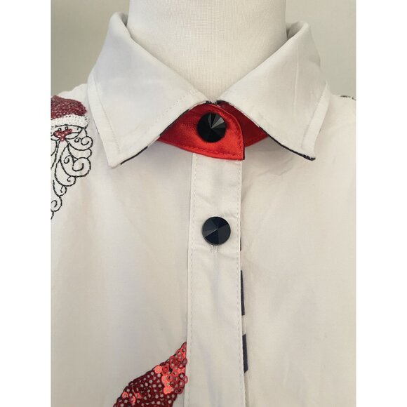 Jack B Quick Button-Down Shirt Red Sequin Santa Striped Collar Accent Women SM - Picture 12 of 14